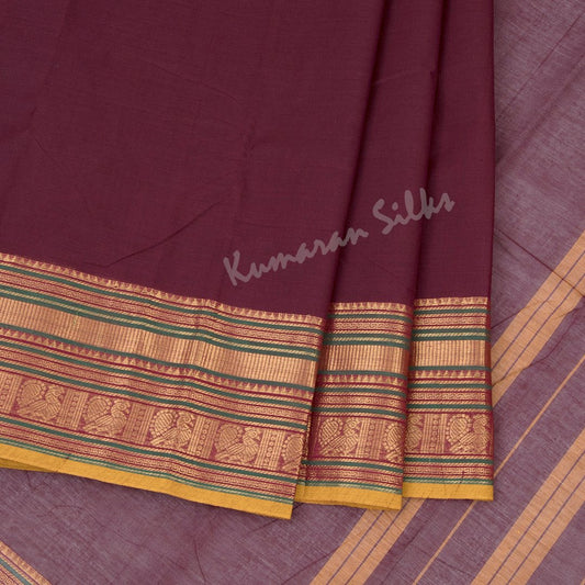 Chettinad Cotton Dark Maroon Plain Saree With Zari Border Without Blouse - Kumaran Silks