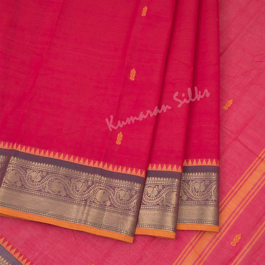 Chettinad Cotton Ferrari Red Saree With Small Buttas Without Blouse - Kumaran Silks