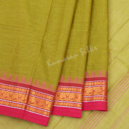 Chettinad Cotton Olive Green Plain Saree Without Blouse - Kumaran Silks