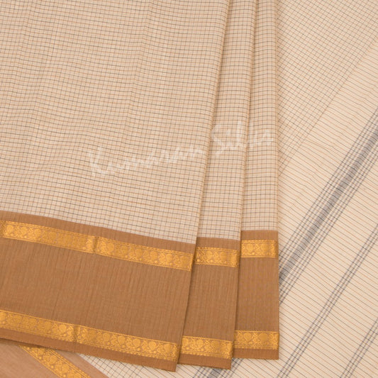 Chettinad Cotton Cream Micro Checked Saree Without Blouse - Kumaran Silks