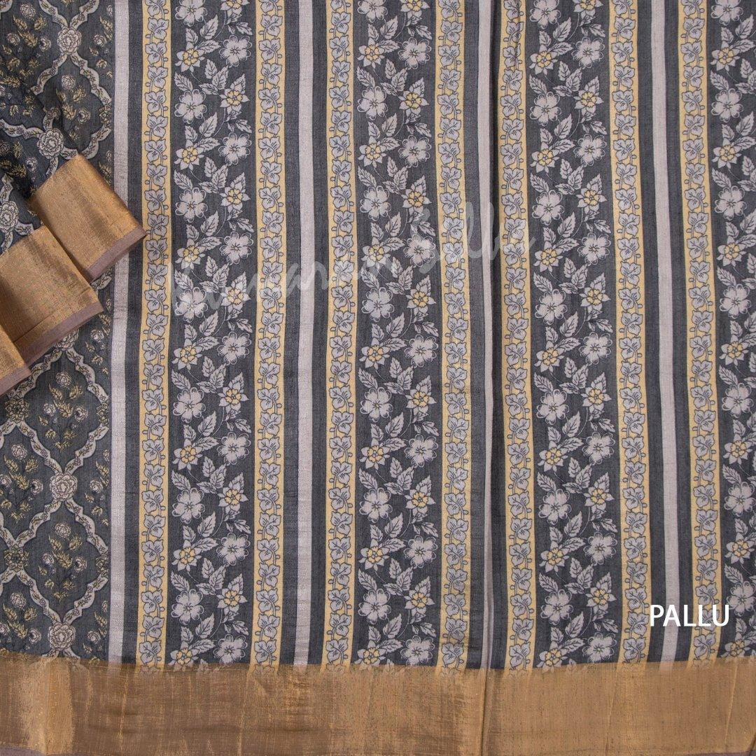 Semi Raw Silk Printed Dark Grey Saree 03 - Kumaran Silks