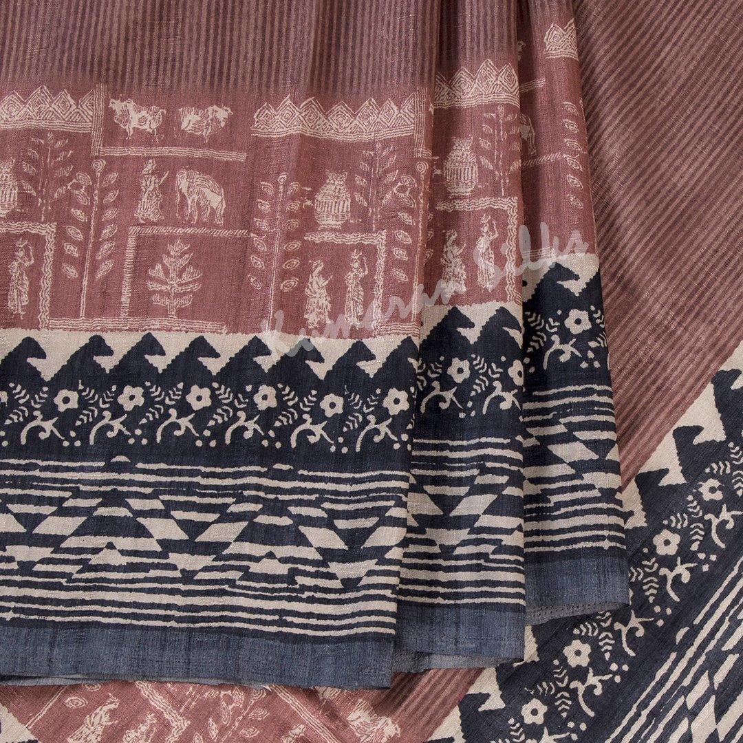 Semi Raw Silk Striped Cinnamon Brown Saree - Kumaran Silks