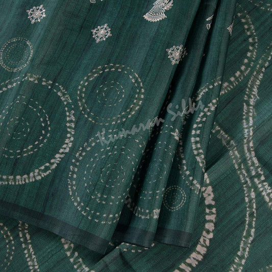 Semi Raw Silk Thread Embroidered Dark Green Saree - Kumaran Silks