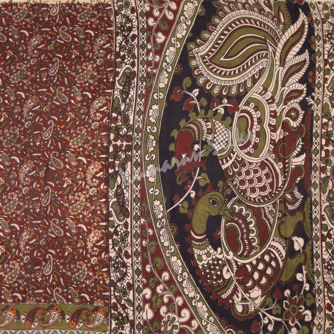 Kalamkari Cotton Maroon Printed Saree And Peacock Design On the Pallu 02 - Kumaran Silks