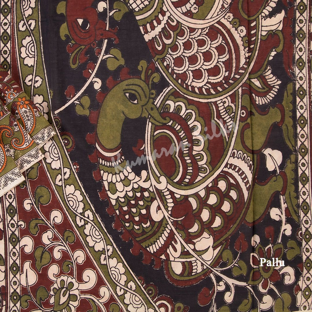 Kalamkari Cotton Maroon Printed Saree And Peacock Design On the Pallu 02 - Kumaran Silks