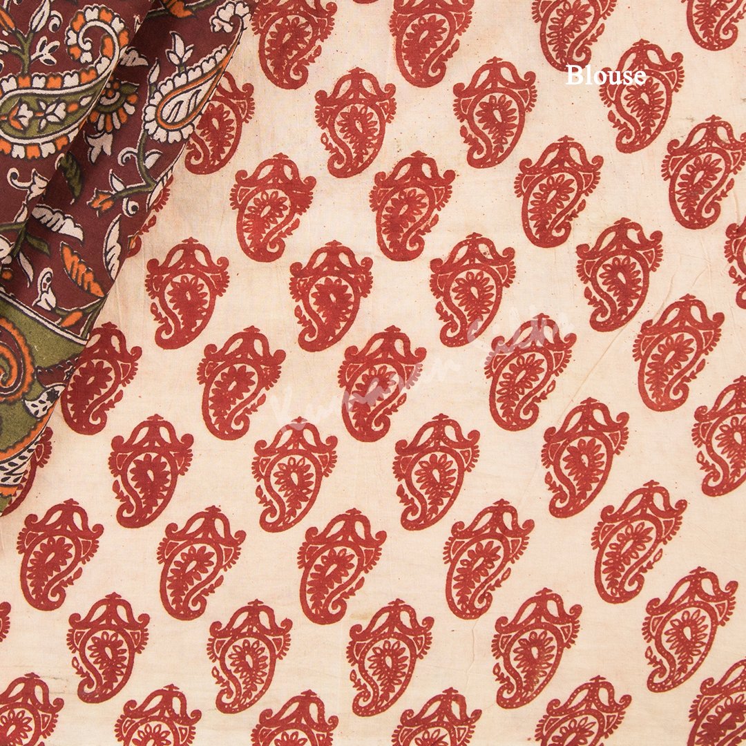 Kalamkari Cotton Maroon Printed Saree And Peacock Design On the Pallu 02 - Kumaran Silks