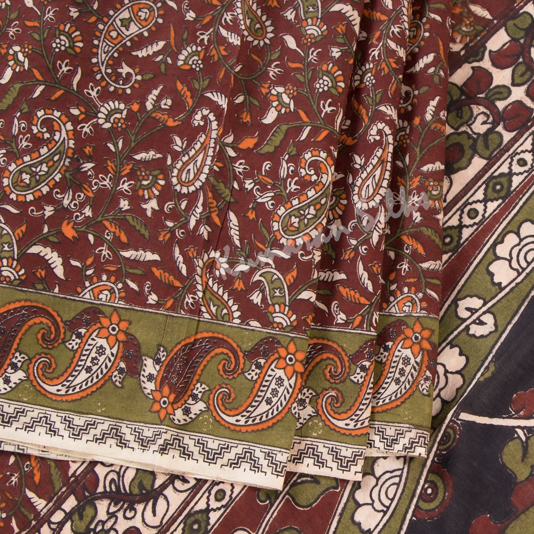 Kalamkari Cotton Maroon Printed Saree And Peacock Design On the Pallu 02 - Kumaran Silks