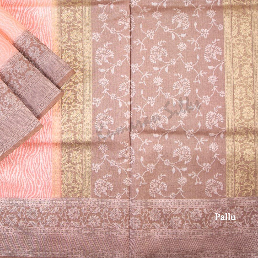 Semi Raw Silk Embossed Dark Peach Saree With Brown Border - Kumaran Silks