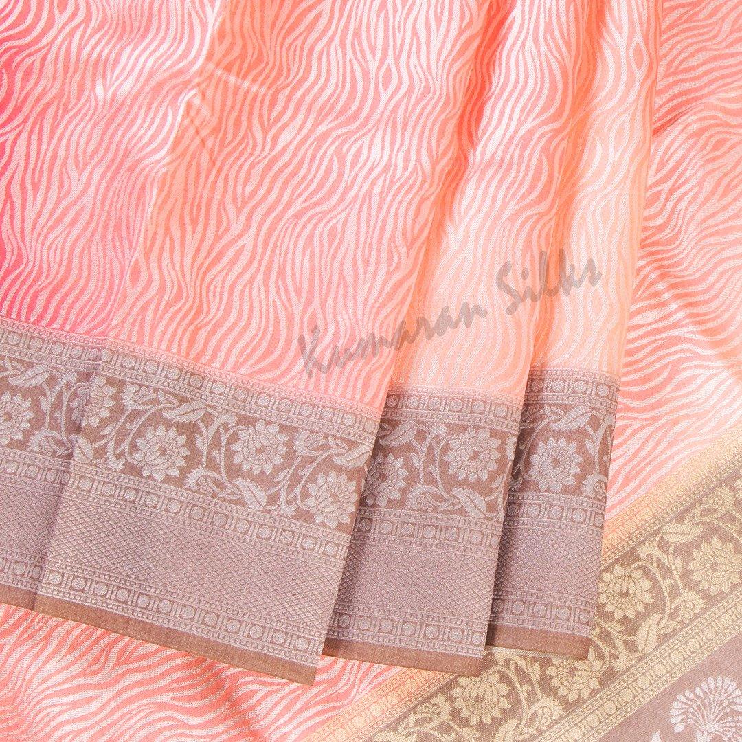 Semi Raw Silk Embossed Dark Peach Saree With Brown Border - Kumaran Silks