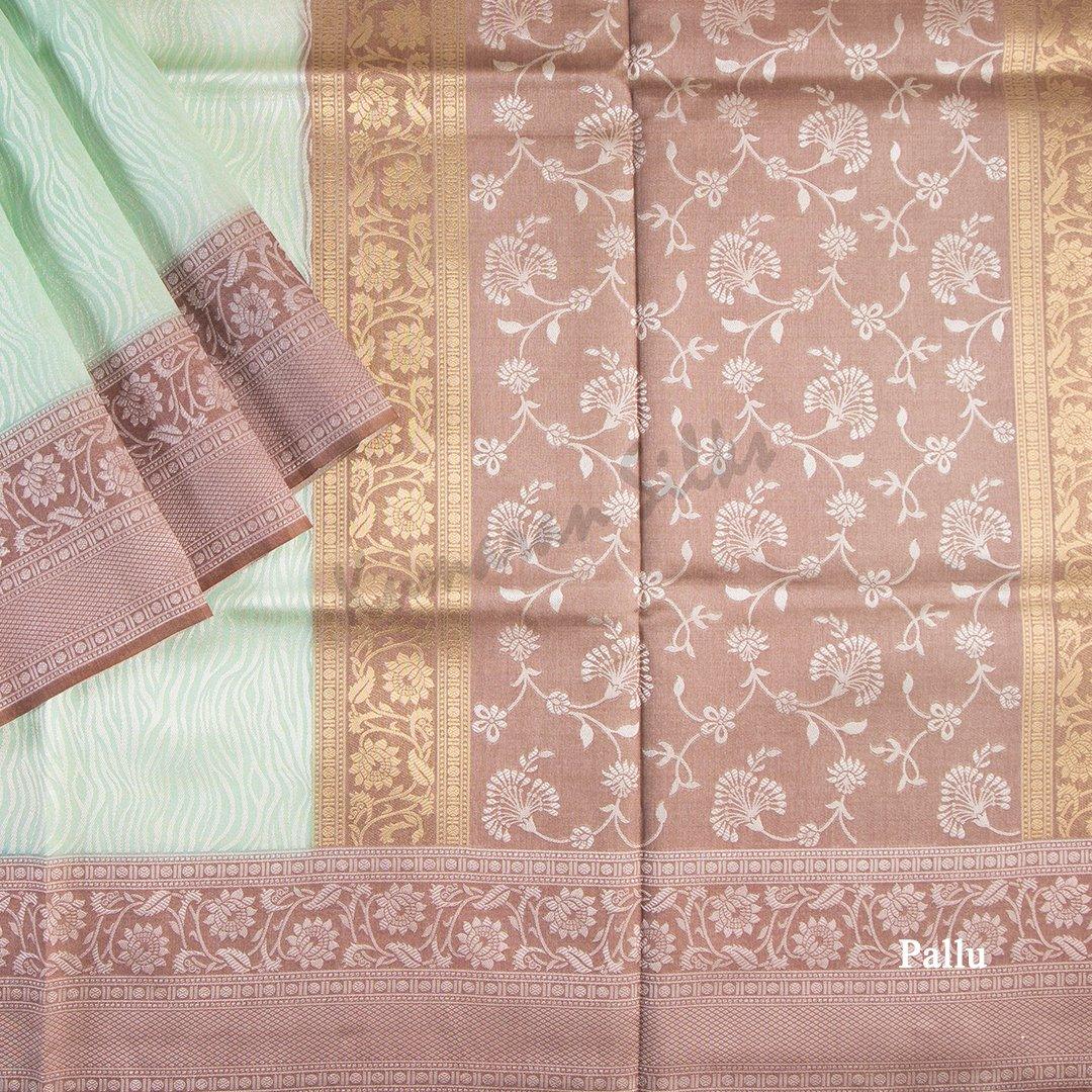 Semi Raw Silk Embossed Light Green Saree With Brown Border - Kumaran Silks