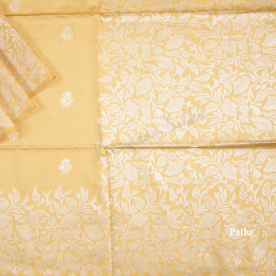 Semi Raw Silk Embossed Golden Yellow Saree With Silver Zari Buttas - Kumaran Silks