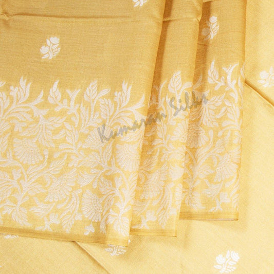 Semi Raw Silk Embossed Golden Yellow Saree With Silver Zari Buttas - Kumaran Silks