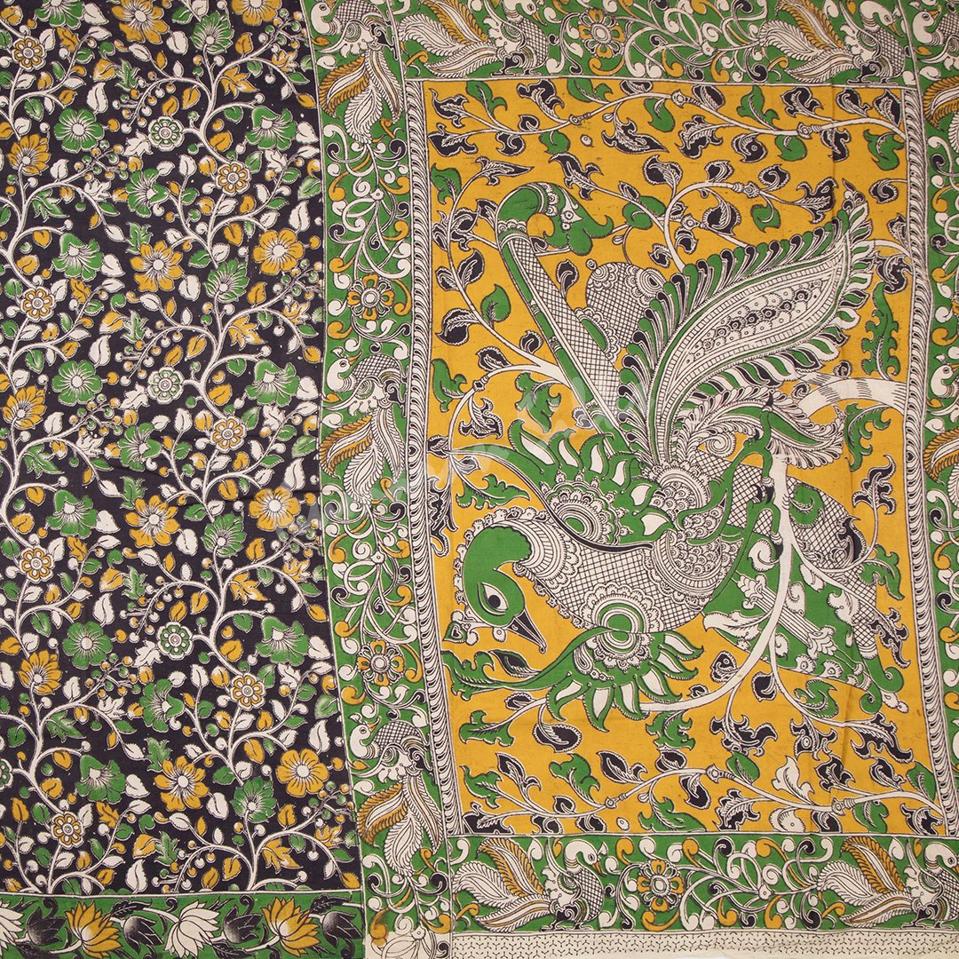 Kalamkari Cotton Dark Brown Printed Saree And Peacock Design On the Pallu - Kumaran Silks