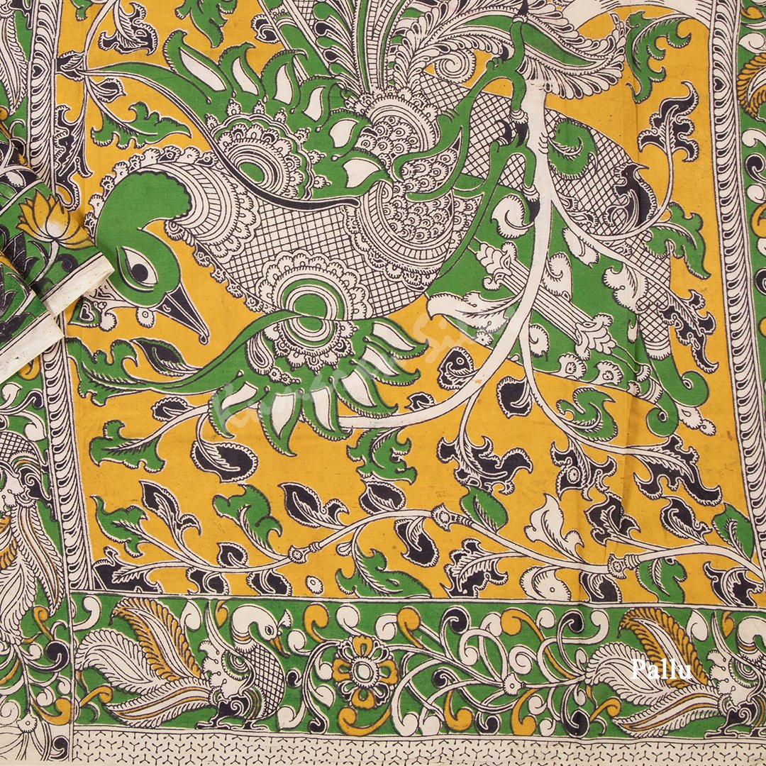 Kalamkari Cotton Dark Brown Printed Saree And Peacock Design On the Pallu - Kumaran Silks