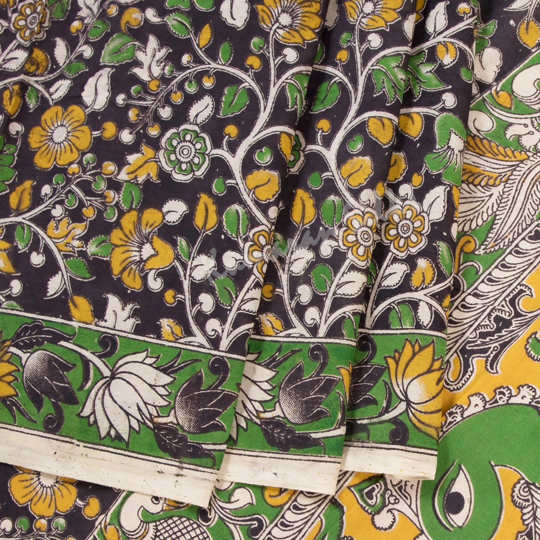 Kalamkari Cotton Dark Brown Printed Saree And Peacock Design On the Pallu - Kumaran Silks