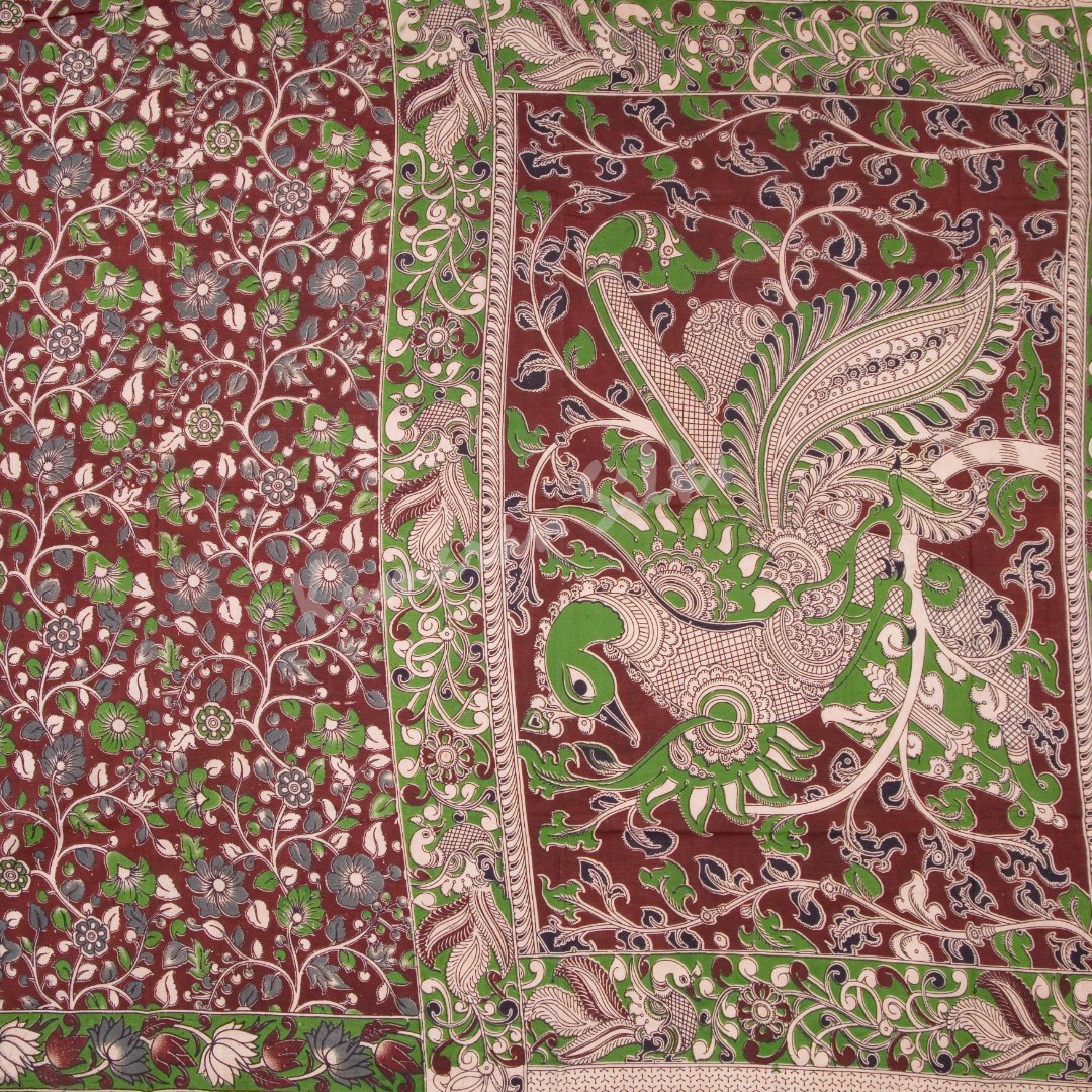 Kalamkari Cotton Maroon Printed Saree And Peacock Design On the Pallu 03 - Kumaran Silks