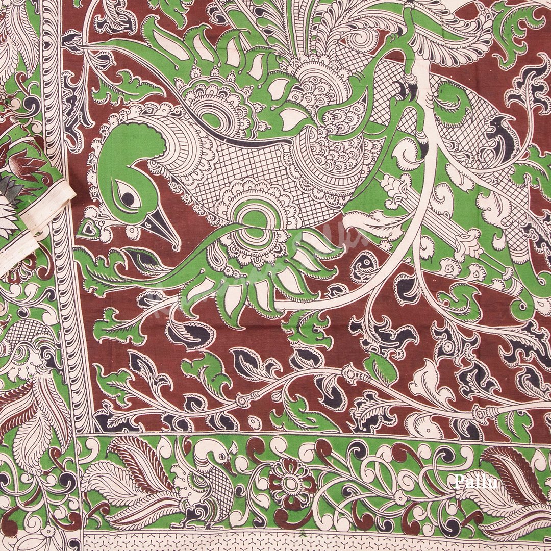 Kalamkari Cotton Maroon Printed Saree And Peacock Design On the Pallu 03 - Kumaran Silks