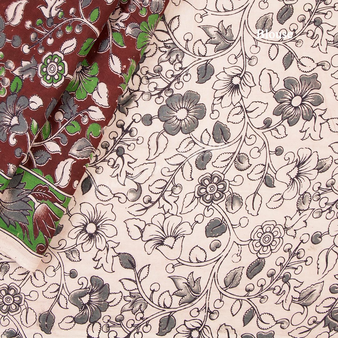 Kalamkari Cotton Maroon Printed Saree And Peacock Design On the Pallu 03 - Kumaran Silks