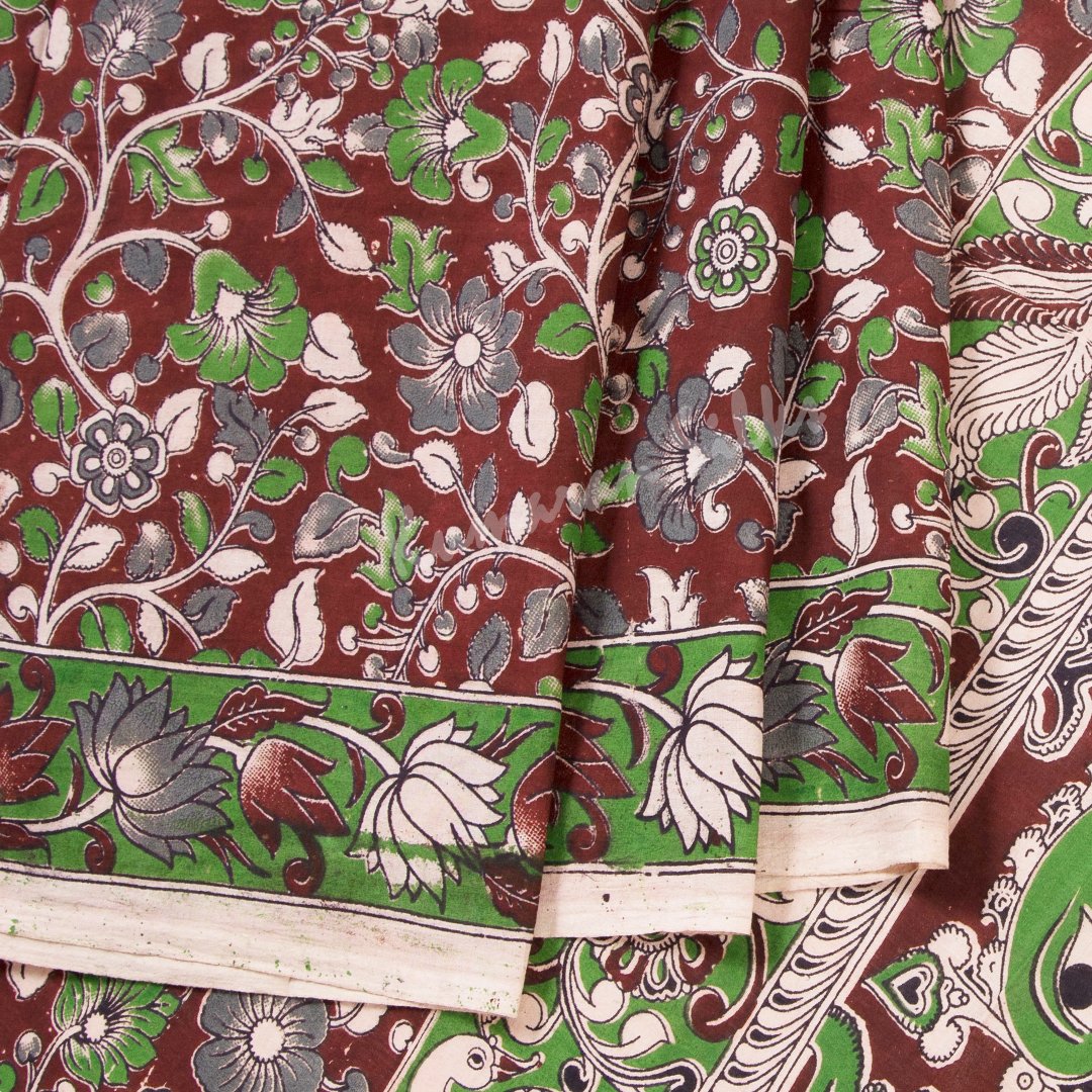 Kalamkari Cotton Maroon Printed Saree And Peacock Design On the Pallu 03 - Kumaran Silks