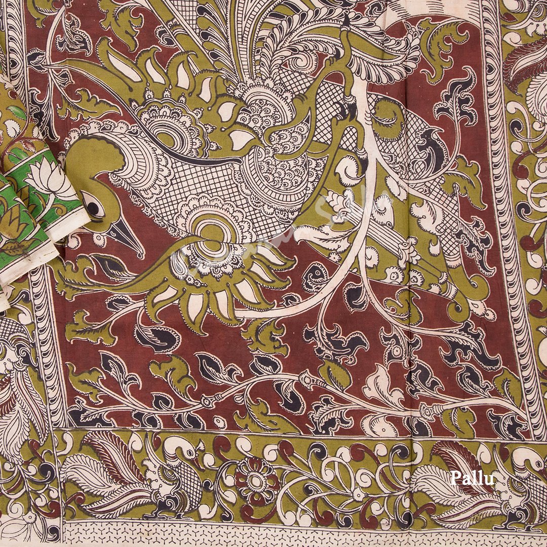 Kalamkari Cotton Olive Green Printed Saree And Peacock Design On the Pallu - Kumaran Silks