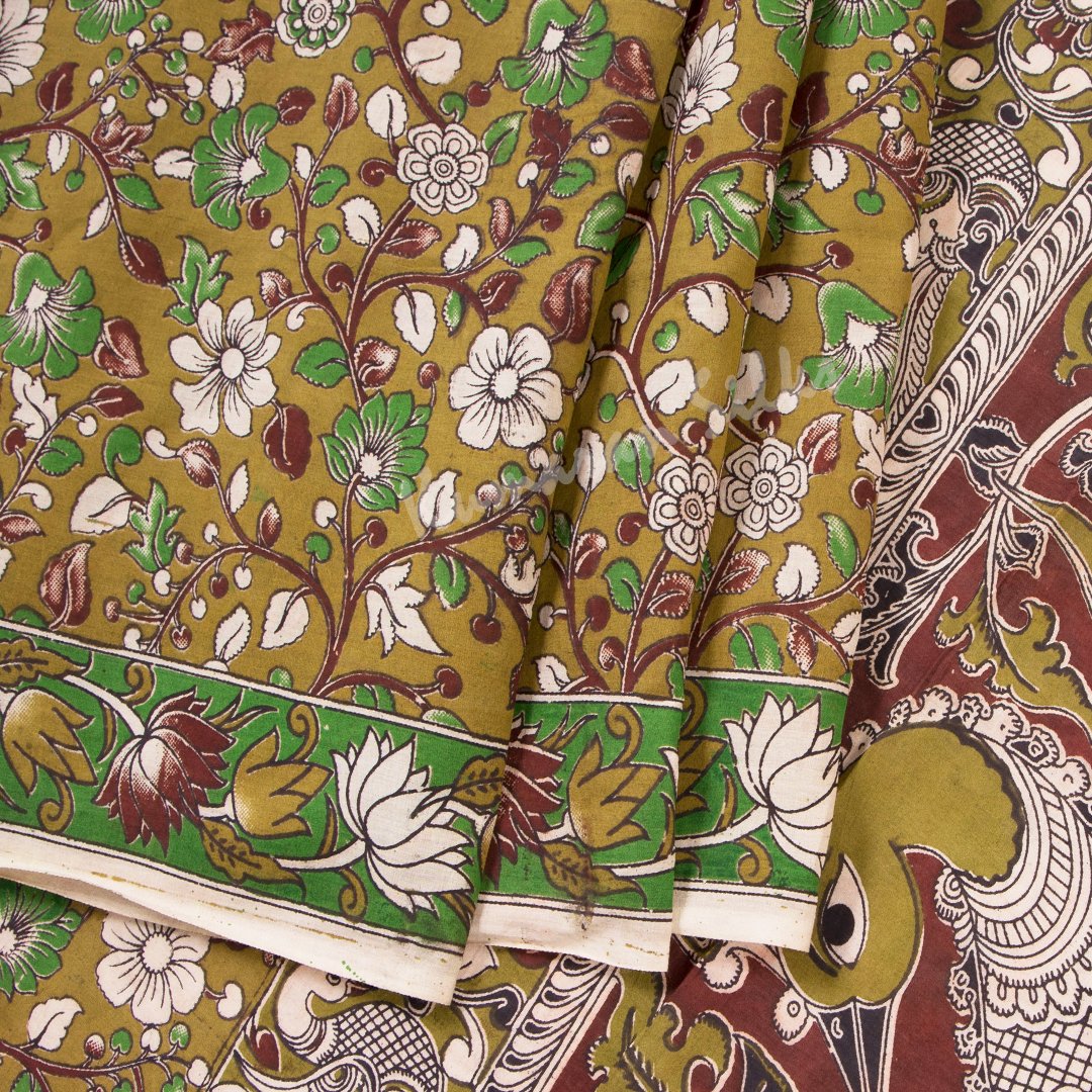 Kalamkari Cotton Olive Green Printed Saree And Peacock Design On the Pallu - Kumaran Silks