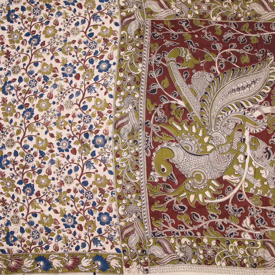 Kalamkari Cotton Cream Printed Saree And Peacock Design On the Pallu 02 - Kumaran Silks