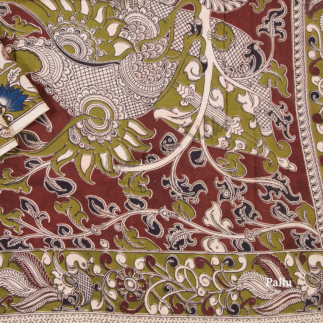 Kalamkari Cotton Cream Printed Saree And Peacock Design On the Pallu 02 - Kumaran Silks