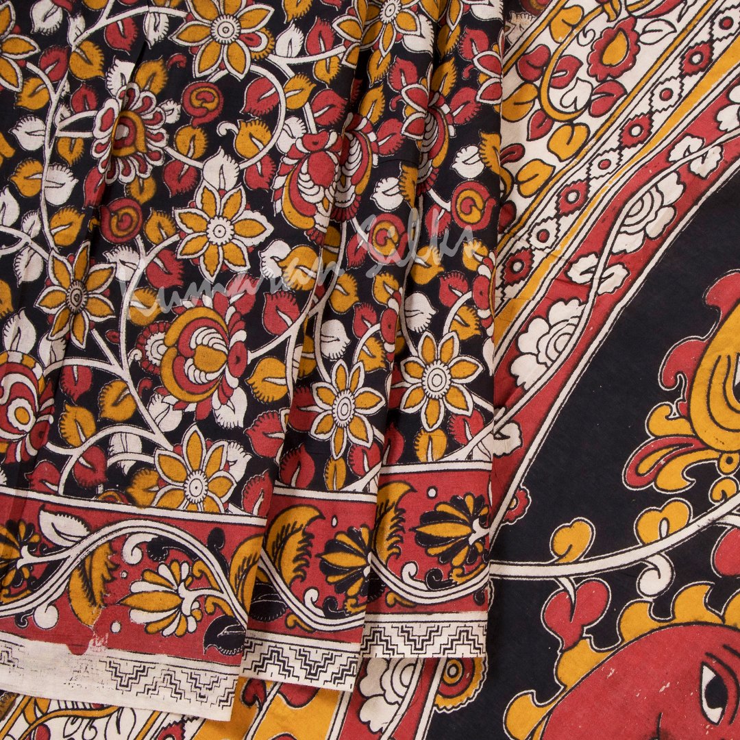 Kalamkari Cotton Black Printed Saree And Peacock Design On the Pallu 02 - Kumaran Silks