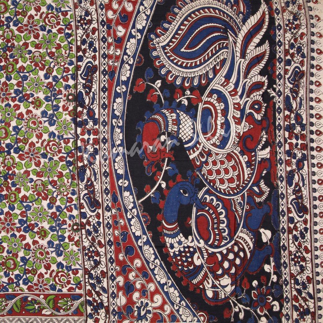 Kalamkari Cotton Cream Printed Saree And Peacock Design On the Pallu 03 - Kumaran Silks