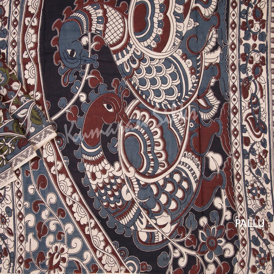 Kalamkari Cotton Maroon Printed Saree And Peacock Design On the Pallu 05 - Kumaran Silks