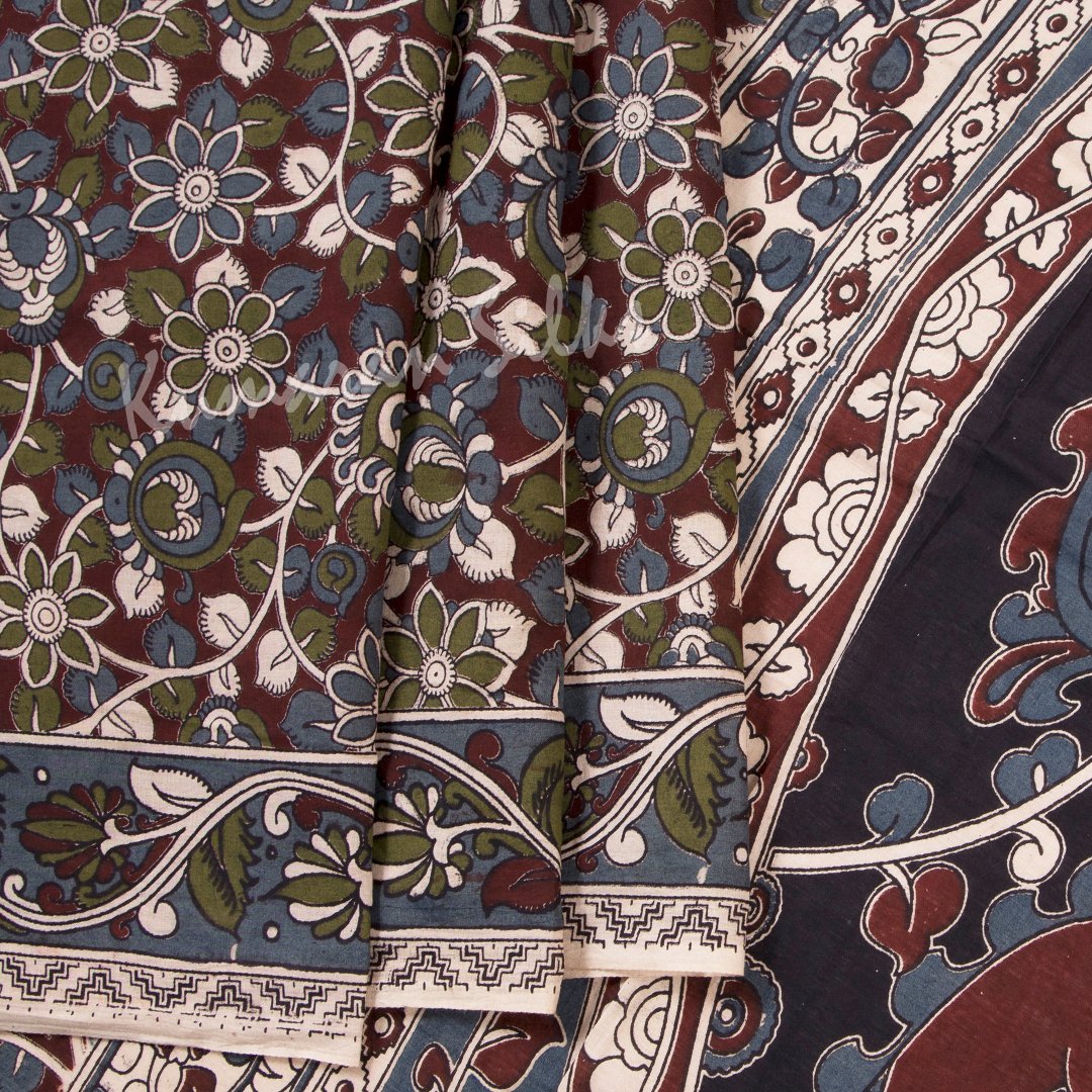 Kalamkari Cotton Maroon Printed Saree And Peacock Design On the Pallu 05 - Kumaran Silks