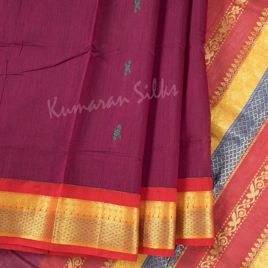 Kalyani Cotton Dark Pink Saree With Small Buttas And Red Border - Kumaran Silks