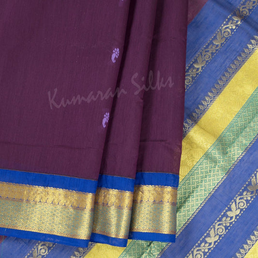 Kalyani Cotton Dark Purple Saree With Small Buttas And Blue Border - Kumaran Silks