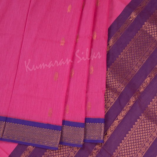 Kalyani Cotton Rose Pink Saree With Small Buttas And Blue Border - Kumaran Silks