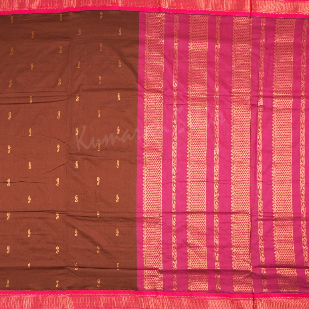 Kalyani Cotton Dark Brown Saree With Small Buttas And Pink Border - Kumaran Silks