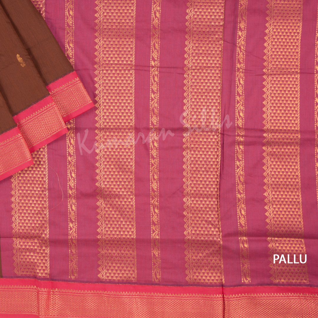 Kalyani Cotton Dark Brown Saree With Small Buttas And Pink Border - Kumaran Silks