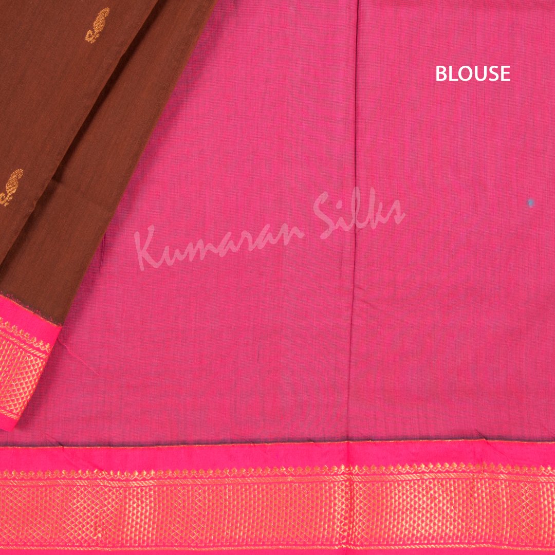 Kalyani Cotton Dark Brown Saree With Small Buttas And Pink Border - Kumaran Silks