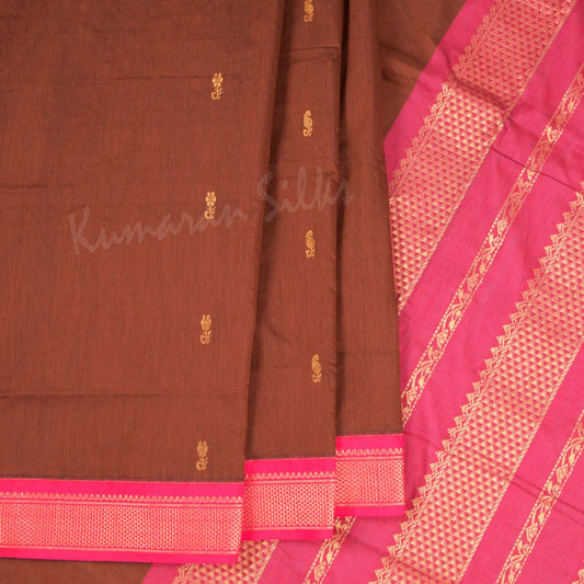 Kalyani Cotton Dark Brown Saree With Small Buttas And Pink Border - Kumaran Silks