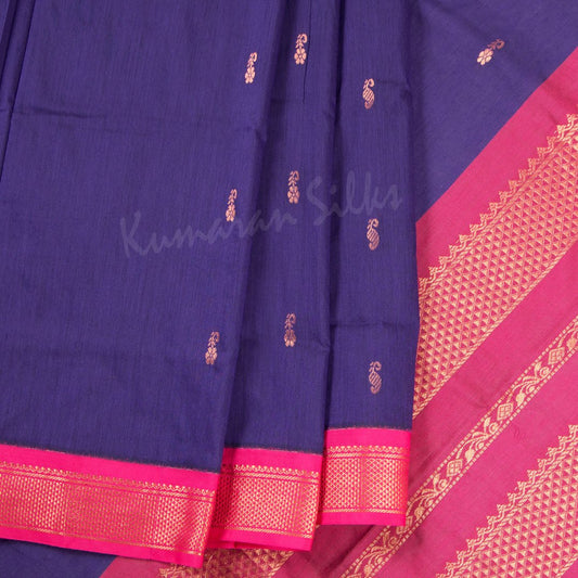 Kalyani Cotton Violet Saree With Small Buttas And Pink Border - Kumaran Silks