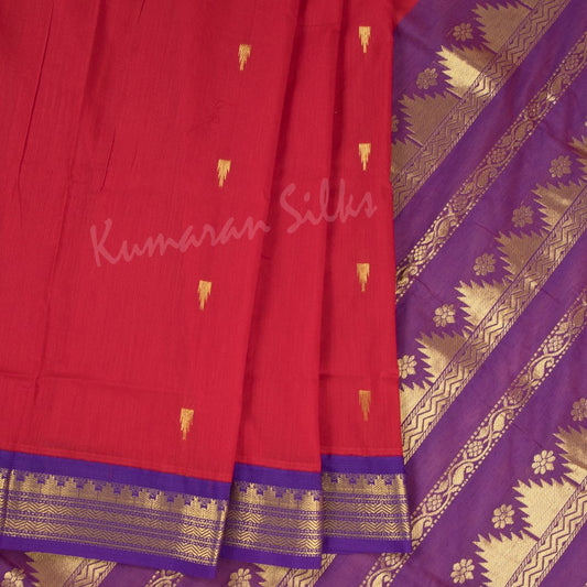 Kalyani Cotton Ferrari Red Saree With Small Buttas And Blue Border - Kumaran Silks
