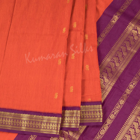 Kalyani Cotton Dark Orange Saree With Small Buttas And Purple Border - Kumaran Silks