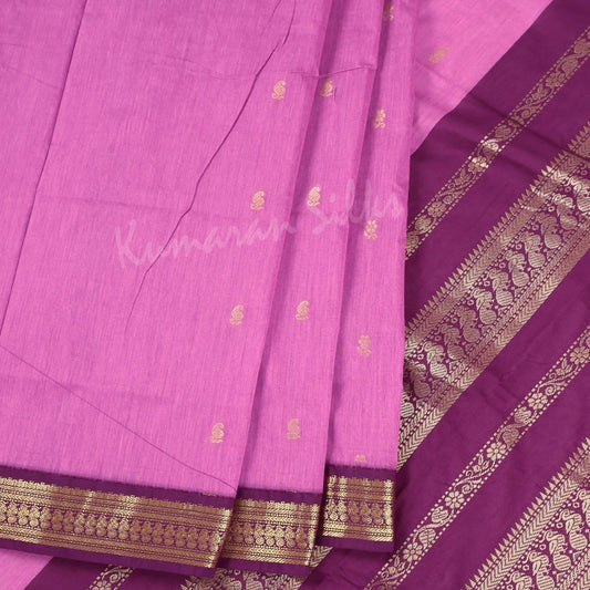 Kalyani Cotton Rose Pink Saree With Small Buttas And Purple Border - Kumaran Silks