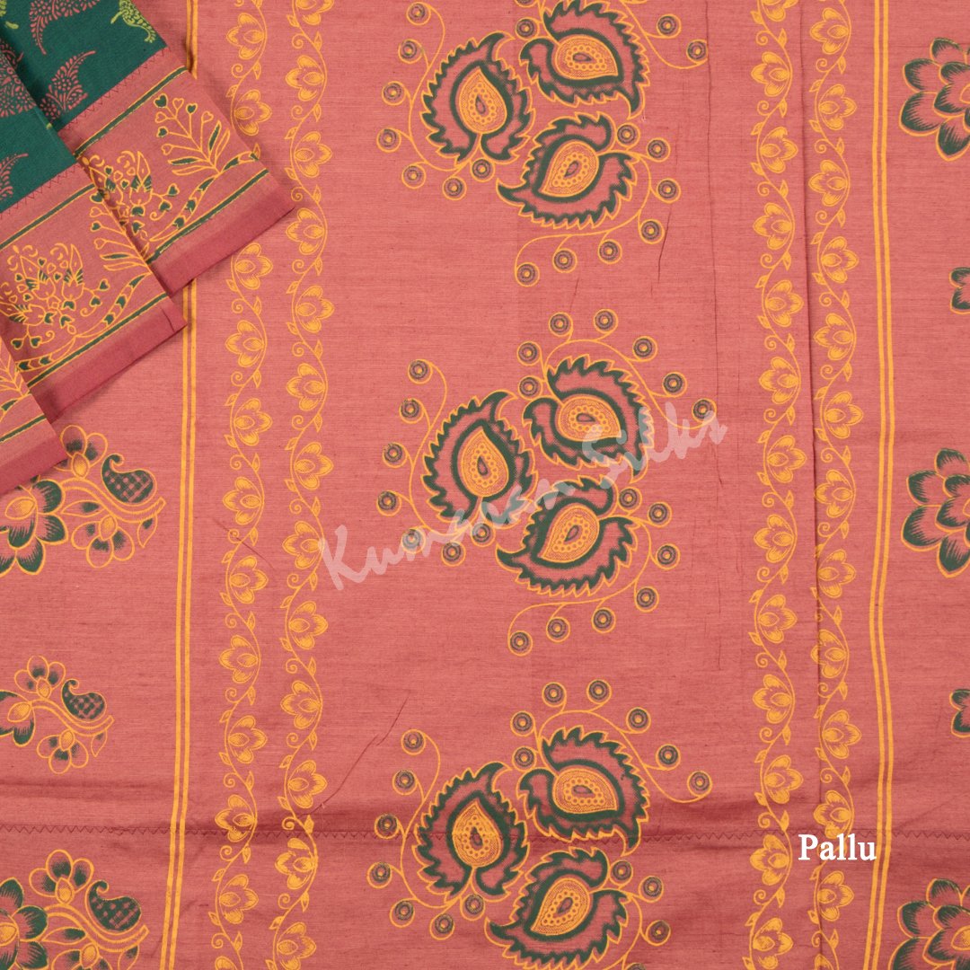 Poly Cotton Printed Dark Green Saree 02 - Kumaran Silks