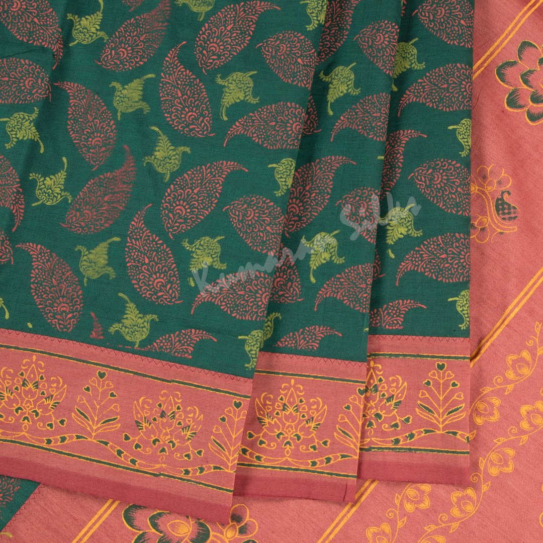 Poly Cotton Printed Dark Green Saree 02 - Kumaran Silks