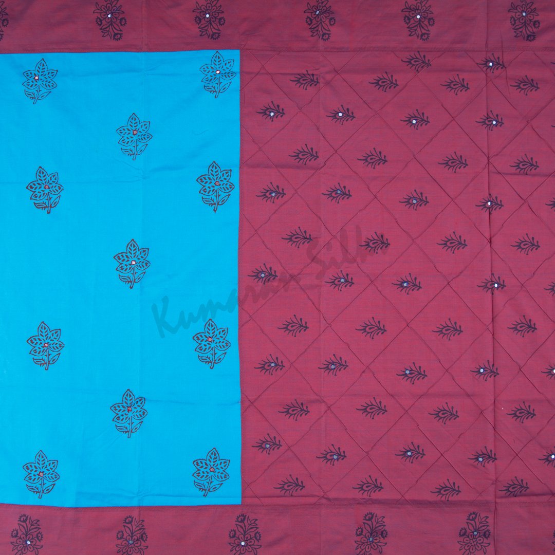 Poly Cotton Printed Azure Blue Saree - Kumaran Silks