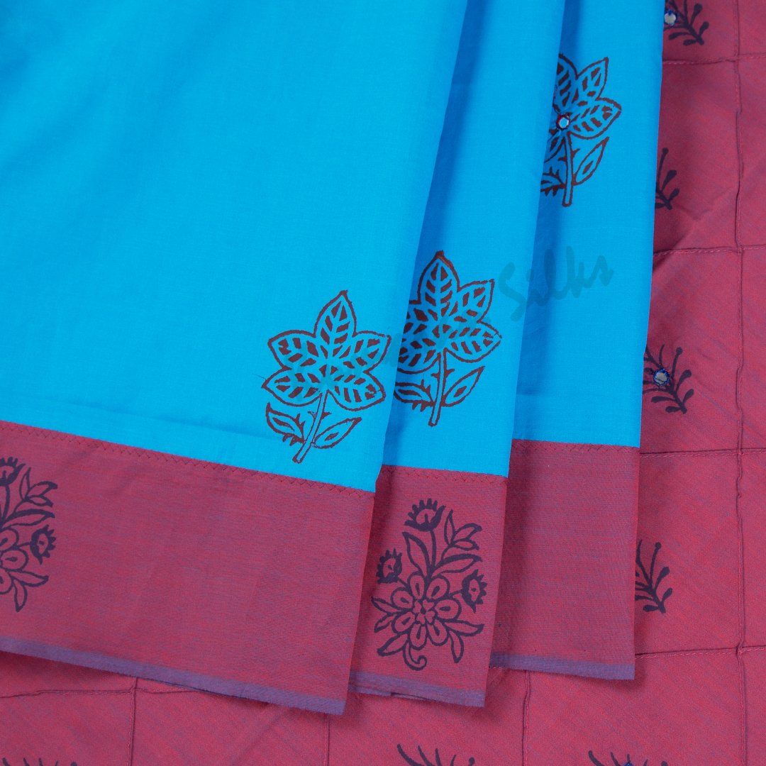 Poly Cotton Printed Azure Blue Saree - Kumaran Silks