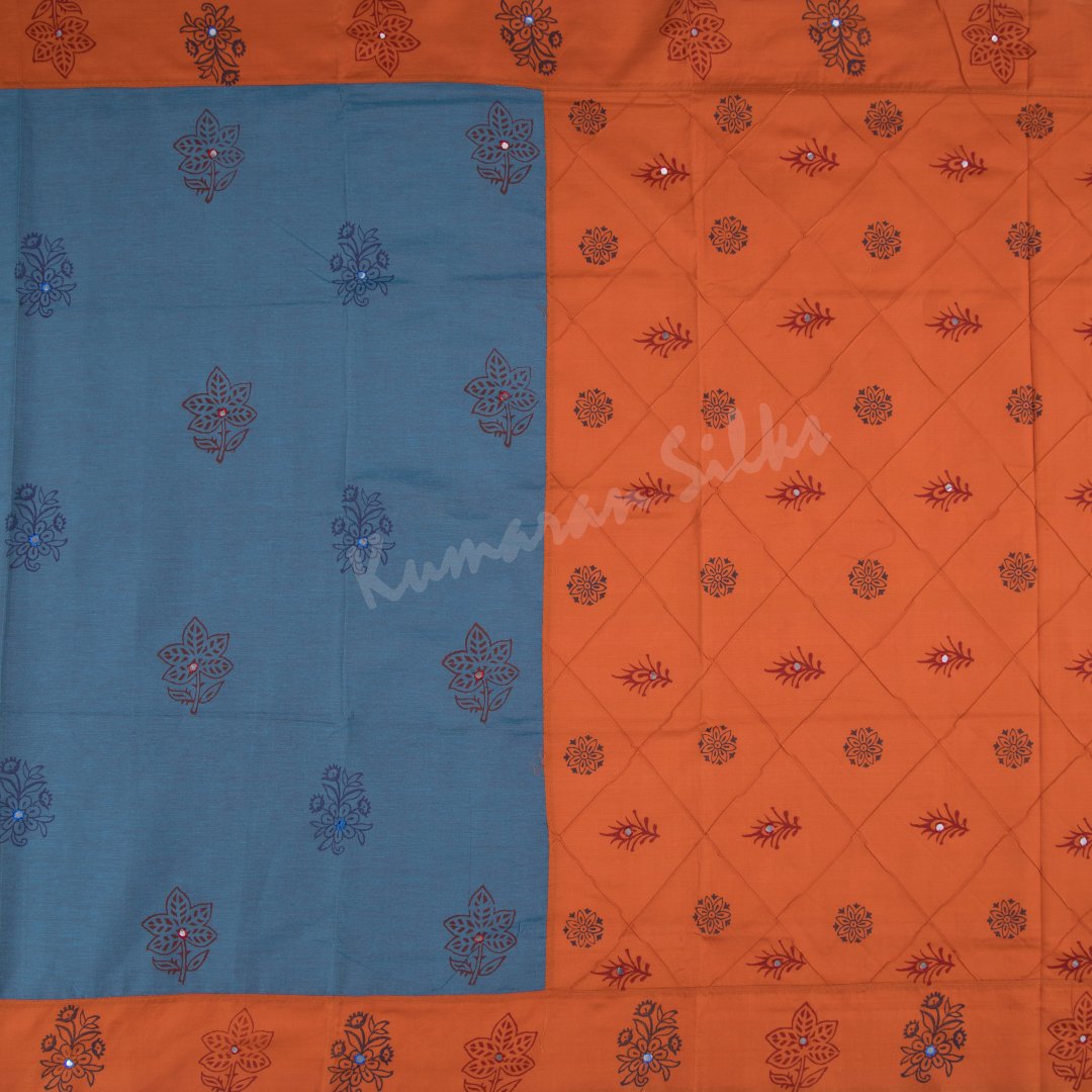 Poly Cotton Printed Peacock Blue Saree - Kumaran Silks