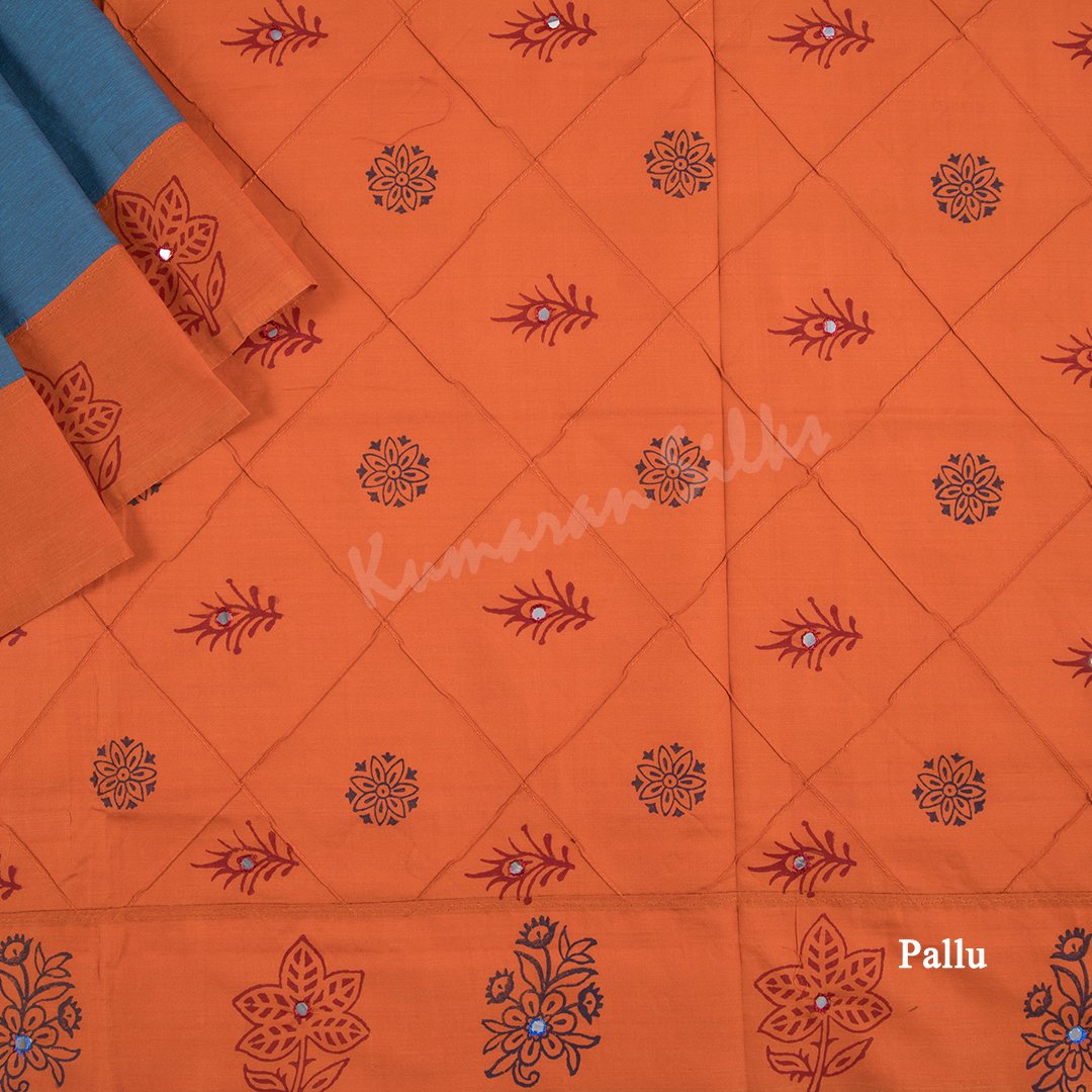 Poly Cotton Printed Peacock Blue Saree - Kumaran Silks