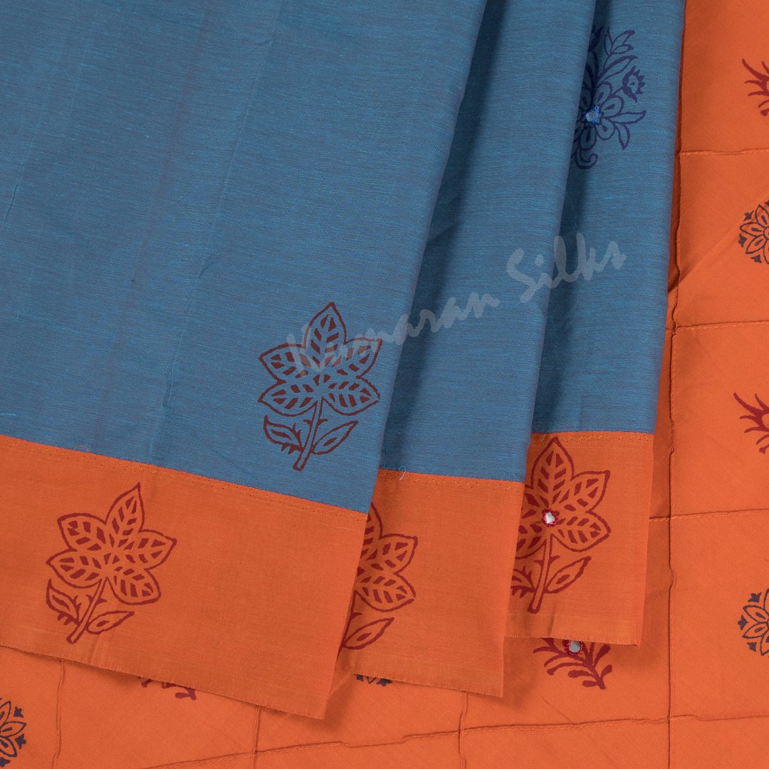 Poly Cotton Printed Peacock Blue Saree - Kumaran Silks