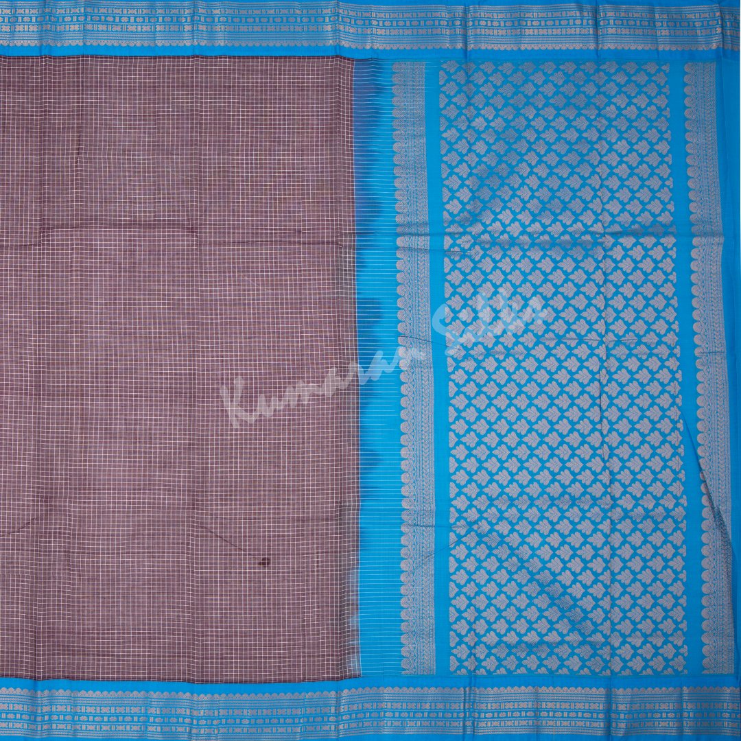 Gadwal Cotton Dark Brown Checked Saree Without Blouse - Kumaran Silks